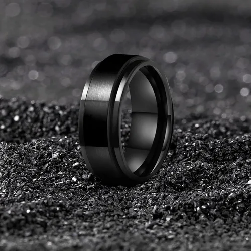 Vista 19 de LAOYOU Anillo giratorio para hombre para alivio de la ansiedad 0.315 in de acero inoxidable negro anillo de ansiedad con incrustaciones de cadena