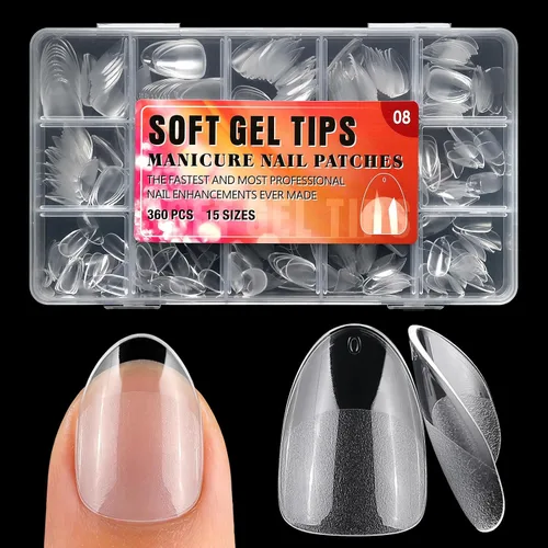 Vista 10 de 360 puntas de uñas cortas de almendra, puntas de uñas postizas cortas en forma de almendra, puntas de uñas acrílicas transparentes a presión, puntas