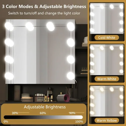 Vista 7 de Escritorio de maquillaje con espejo y luz, espejo de tocador con estación de carga para dormitorio, mesa de maquillaje con estantes