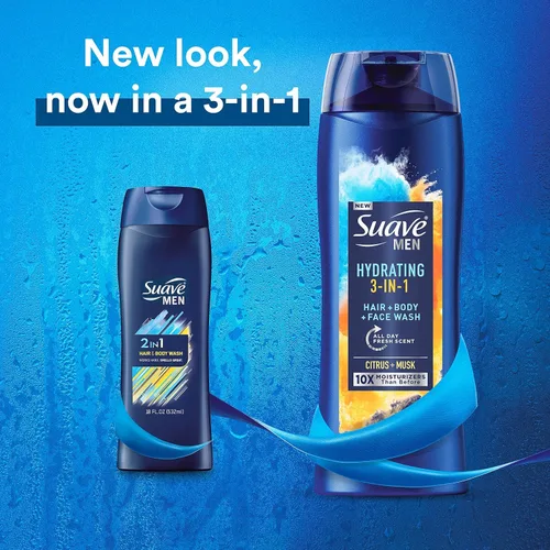 Vista 3 de Suave Jabón hidratante para hombre, para cuerpo, cara y cabello, 3 en 1 para piel y cabello hidratados, aroma cítrico y almizcle, sin parabenos, sin
