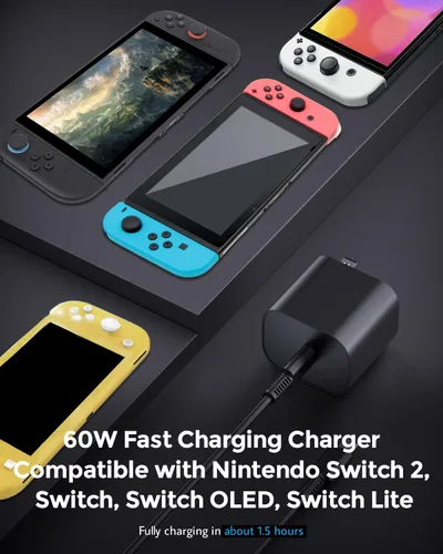 Vista 3 de JZW-SHOP 60W Fast Charging Charger Compatible with Nintendo Switch2, Nintendo Switch, Steam Deck- Support TV Mode, 20V 3.0A AC Adapter with 1.5M USB