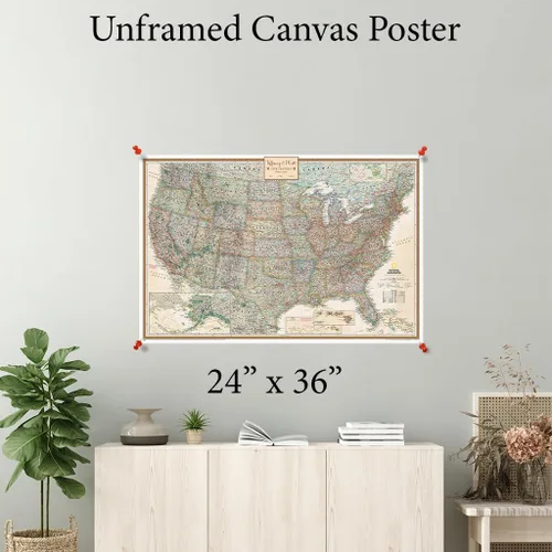 Vista 6 de Póster de lienzo enrollado personalizado con mapa de EE.UU. como arte de pared con chinchetas – Mapa ejecutivo grande de 24" x 36" de EE.UU.