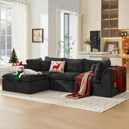 Vista 3 de STHOUYN Sofás Seccionales Modernos Negros de 114" sin Estructura para Sala de Estar, Sofá Nube Modular Negro en Forma de L con Otomana, Cómodo Sofá