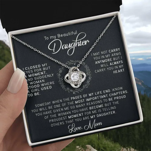 Vista 4 de John-dhh Collar con texto en inglés "To My Beautiful Daughter", regalo de mamá a hija, collar de nudo de amor, regalo de graduación, regalo