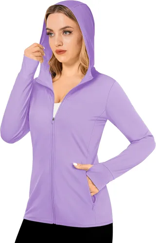 Vista 5 de MAGCOMSEN Chaqueta de protección solar UPF 50+ para mujer, manga larga, con cremallera, ligera, con capucha, para senderismo