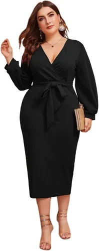 Vista 6 de Verdusa Vestido ajustado de talla grande con cuello en V y manga farol, con cinturón