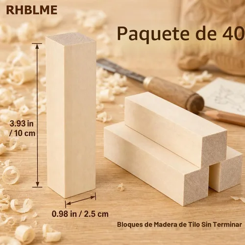 Vista 2 de RHBLME 40 bloques de tallado de tilo, bloques de madera sin terminar de 4 x 1 x 1 pulgada para tallar, cubos de madera maciza suave para tallar