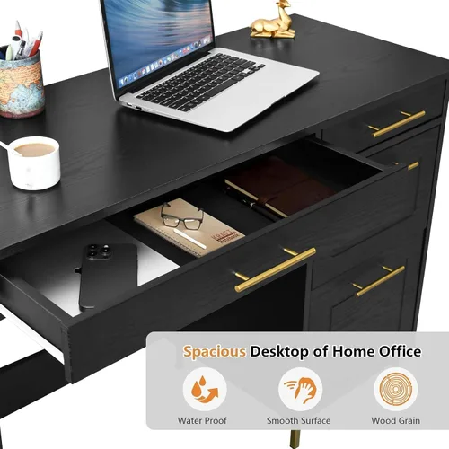 Vista 5 de 4 EVER WINNER Escritorio negro con cajones, modernos escritorios de oficina en casa con asas y cajones dorados, mesa de computadora para espacios