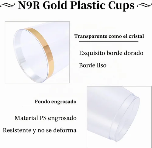 Vista 3 de N9R 72 vasos de plástico desechables con borde dorado y transparente, vasos Transparente con borde dorado.