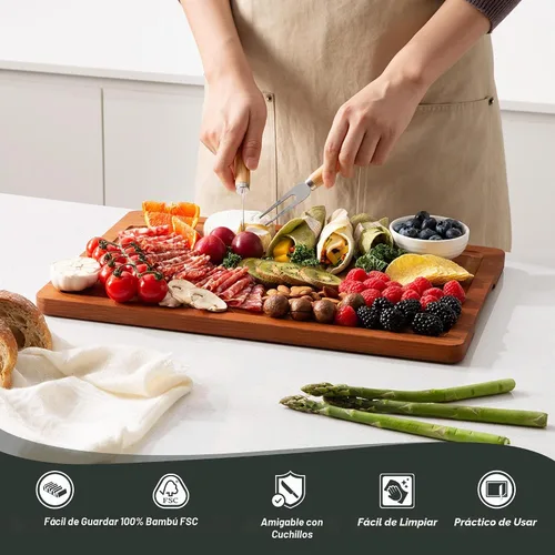 Vista 8 de Tabla de cortar de bambú extra grande con pies antideslizantes y tabla de cortar de madera para cocina con ranura de jugos para carne, verduras