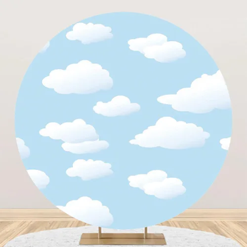 Vista 4 de Telón de fondo redondo de 5 x 5 pies, diseño de cielo azul y nubes blancas, fondo de fotografía de círculo celestial de poliéster para niños, baby