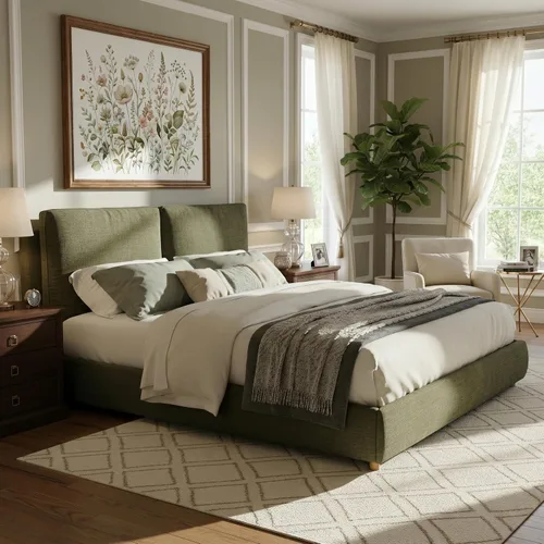 Vista 9 de Merax Cama de plataforma tapizada de tela Boucle tamaño Queen con dos cabeceras de almohada extraíbles, marco de cama de madera con patas redondas