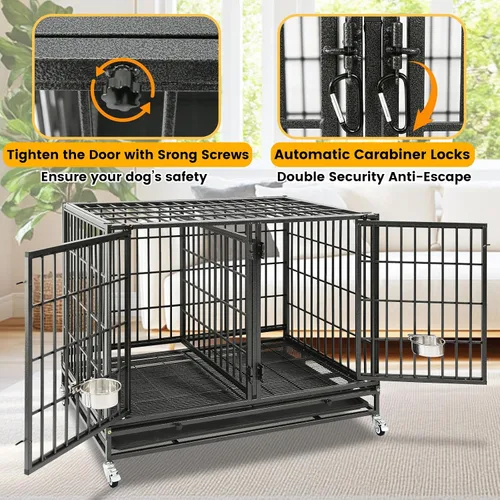 Vista 5 de Jaula resistente de 43 pulgadas para perros con divisor, jaula indestructible a prueba de escapes, jaula grande para perros en interiores, cuencos