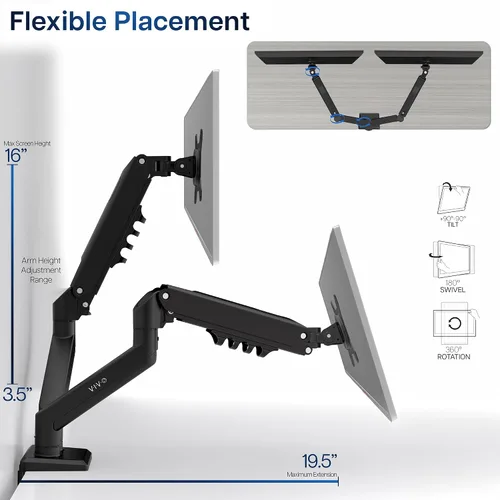 Vista 6 de VIVO - Brazo de resorte neumático articulado negro, con abrazadera para soporte de escritorio Se adapta a pantallas de monitor de 17 a 27" con Max