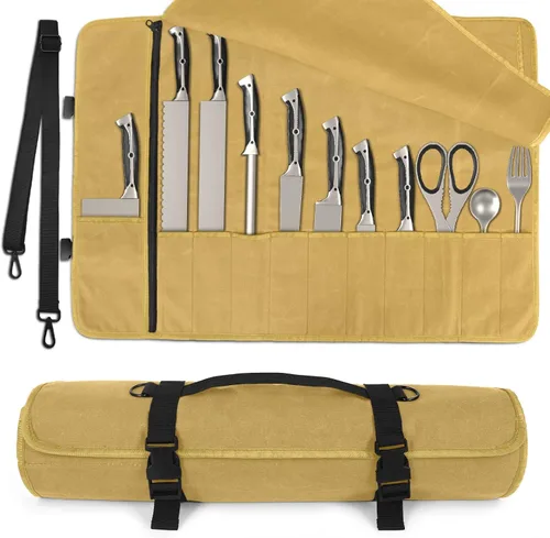 Vista 10 de lelezone Bolsa enrollable para cuchillos de chef, resistente al agua, funda de lona encerada para cuchillos, bolsas enrollables para chefs