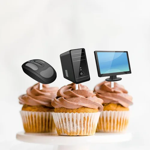 Vista 6 de 18 piezas de purpurina inteligencia equipo de computadora postre magdalena decoración tema auricular Keyborad mouse decoraciones suppies
