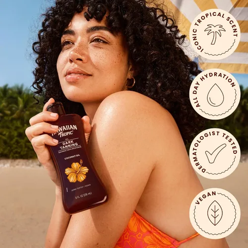 Vista 6 de Hawaiian Tropic Aceite de bronceado oscuro, 8 onzas líquidas Aceite corporal hidratante con manteca de cacao, potenciador de bronceado, 8 onzas