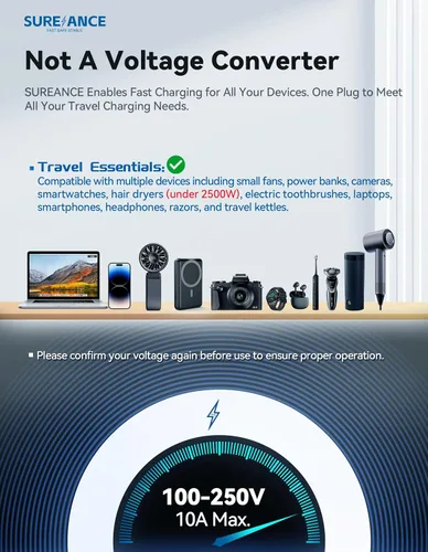Vista 3 de Adaptador de viaje universal de 67 W con USB C, adaptador de enchufe de viaje internacional SUREANCE World, 67 W de carga rápida USB-C