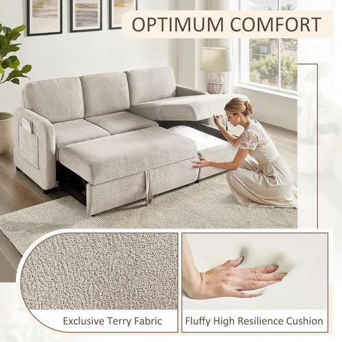 Vista 4 de Sofá cama de 84 pulgadas con cama extraíble, diván de almacenamiento, camello de rizo