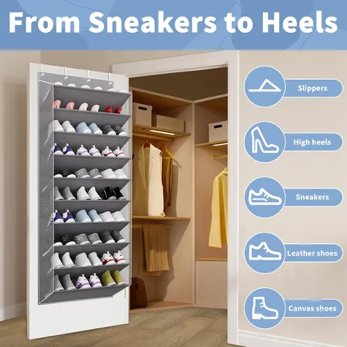Vista 4 de TAHAVICE Organizador de zapatos de 10 niveles de gran tamaño sobre la puerta, con capacidad para 30 pares, zapatero colgante con bolsillos profundos