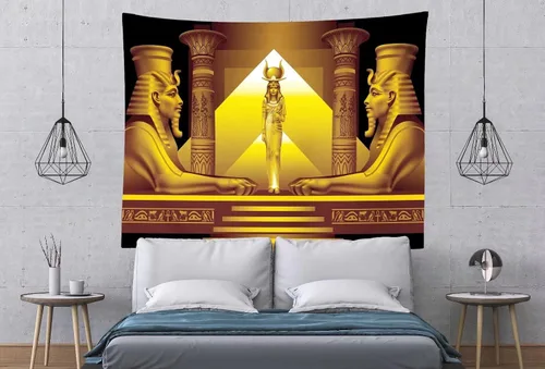 Vista 3 de BELECO Tapiz de pirámide egipcia dorada, tapiz de diosa egipcia, faraón egipcio, esfinge, reina Cleopatra, tapiz colgante de pared, templo egipcio