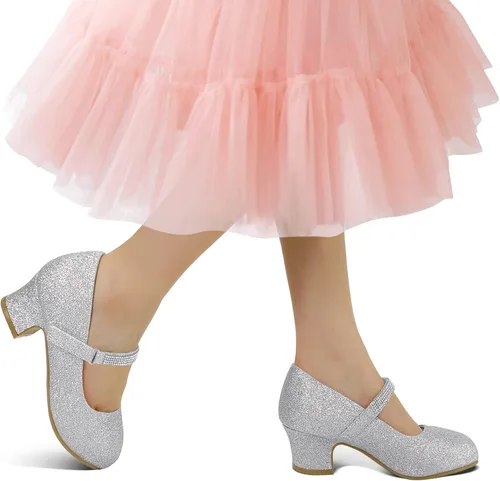 Vista 2 de K KomForme Zapatos Mary Jane para niña con tacón bajo con diamantes de imitación de princesa, zapatos planos de vestir para niños pequeños y niños