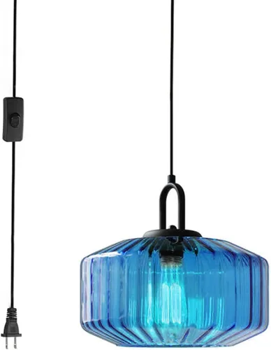 Vista 14 de Lámpara colgante enchufable de cristal azul, lámpara colgante dorada de altura ajustable con interruptor de encendido/apagado de cable de 14.7 pies