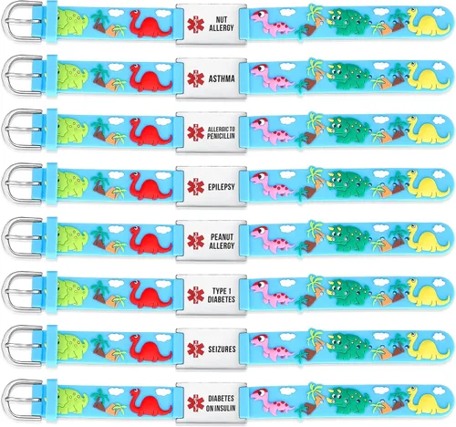 Vista 2 de LinnaLove Medical Alert ID Bracelet – Custom or Pre-Engraved, QR Code Available,Blue Dinosaur Band