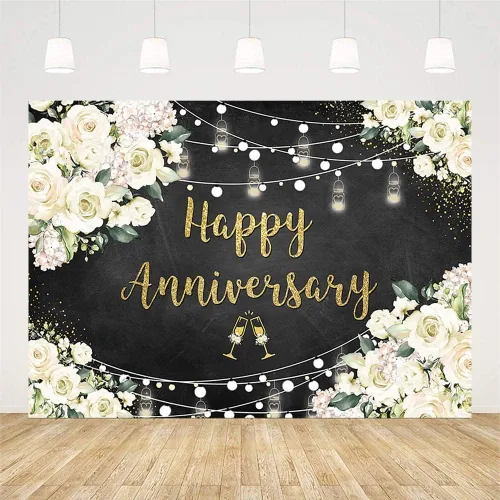 Vista 2 de SENDY Telón de fondo floral negro y dorado de 7 x 5 pies, pizarra de tiza con texto en inglés "Love Cheers to 10 años", suministros para fiestas