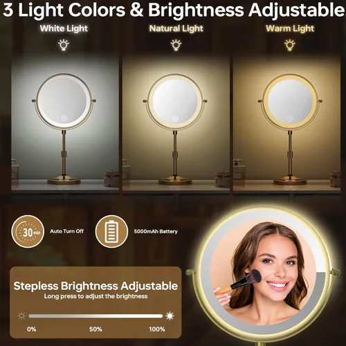 Vista 6 de Espejo de maquillaje iluminado de 9 pulgadas con 1 aumento de 10x, espejo de tocador de aumento recargable de 5000 mAh con luces, 3