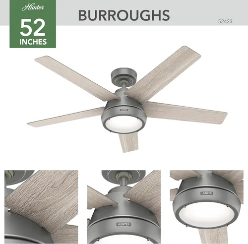 Vista 8 de Hunter Burroughs 52423 - Ventilador de techo de interior de 52 pulgadas con luz LED y control remoto, ventilador de techo de montaje estándar, 5