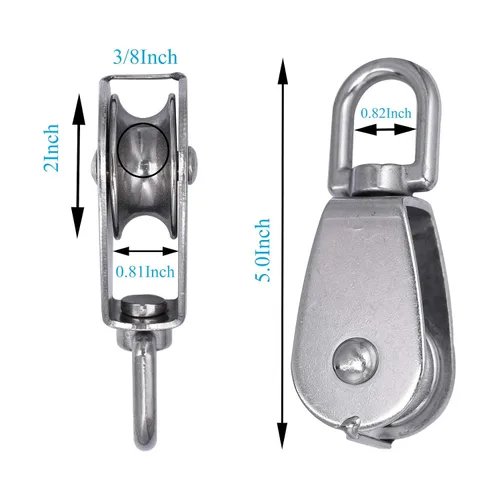 Vista 2 de LordHardware M50 Bloque de Polea Individual de Acero Inoxidable 304, Gancho Giratorio para Grúa de Elevación, Cuerda de 3/8" x Polea de 2