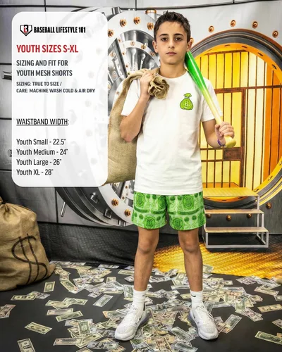 Vista 2 de Baseball Lifestyle 101 Pantalones cortos de malla Bag Chaser para niño con bolsillos laterales y cintura elástica, entrepierna de 5 pulgadas, tallas