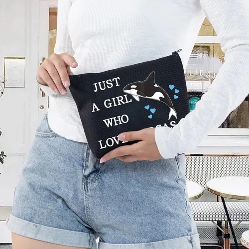 Vista 5 de LEVLO Divertida bolsa de cosméticos de ballena asesina, regalo para amantes de los animales, solo una chica que ama a las orcas maquillaje