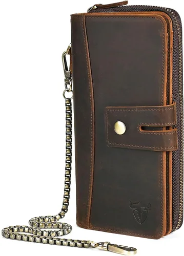 Vista 22 de Genuino Caballo Loco Cuero Regalo de Viaje Moneda Bolsillo Tarjetero Organizador Largo Cadena Rfid Cartera Monedero Con Broche Para Hombres Hombres