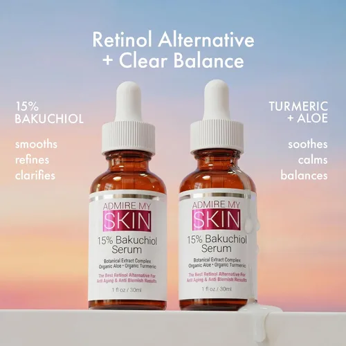 Vista 2 de Admire My Skin Suero Bakuchiol, alternativa natural de suero de retinol para la cara, suero facial antimanchas antienvejecimiento contiene aloe