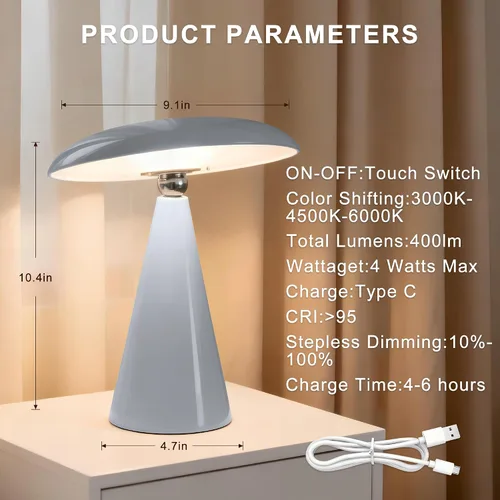 Vista 6 de Lámpara de setas de mediados de siglo moderna, lámpara de mesa LED recargable sin cable, luz de cabecera regulable táctil de 3 temperaturas