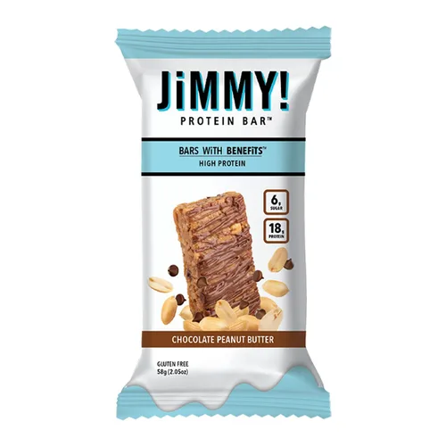 Vista 2 de Jimmy! - Barras de proteína de mantequilla de maní y chocolate, 0.65 onzas de proteína, bajas en azúcar, 12