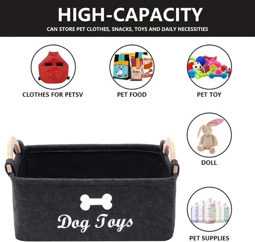 Vista 4 de Geyecete Cesta plegable para juguetes para perros con mango de madera, gran contenedor de almacenamiento de suministros para mascotas gris oscuro