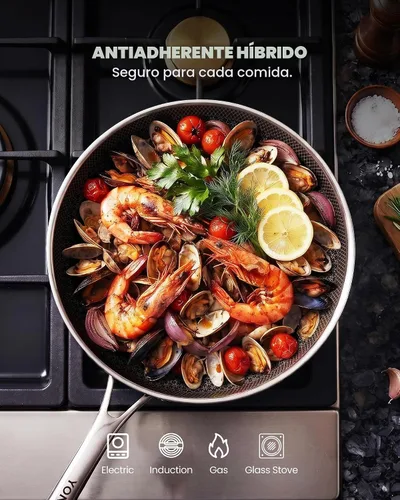 Vista 3 de Sartenes antiadherentes, sartenes híbridas para hornear de 12 pulgadas con tapa Sartén de acero inoxidable, sartén para huevos de cocina