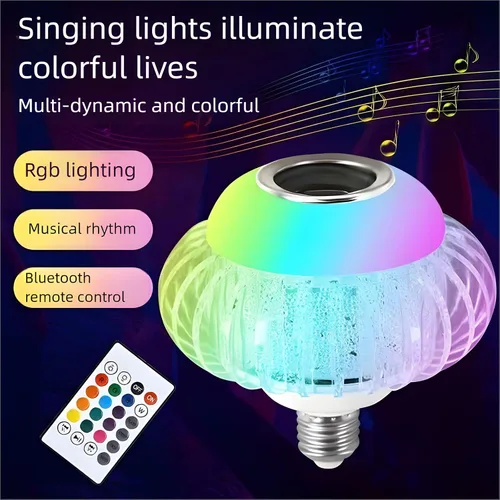 Vista 3 de Bombilla de música RGB Bluetooth, con altavoz Bluetooth integrado, base E27, bombilla inteligente inalámbrica, control remoto, blanco, colores RGB