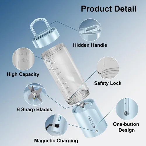 Vista 3 de Licuadora portátil exprimidor personal para batidos batidos con mango oculto 16 Oz Electric Protein Shaker Bottle, USB-C Rechargeable, Mini Small