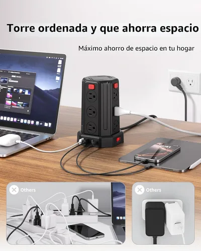Vista 4 de Tira de alimentación con protector de sobretensiones, cable de extensión de 6.5 pies con 12 tomas múltiples de CA, 4 USB (1 USB C), estación de Negro