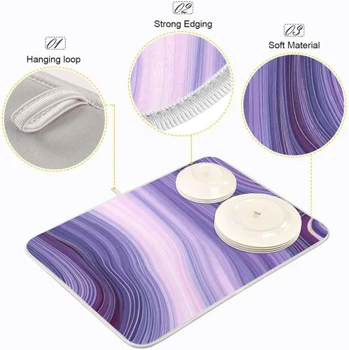 Vista 4 de Hermosa alfombra de secado de platos con textura de mármol morado para encimera de cocina, 18 x 24 pulgadas, almohadilla de secado de microfibra
