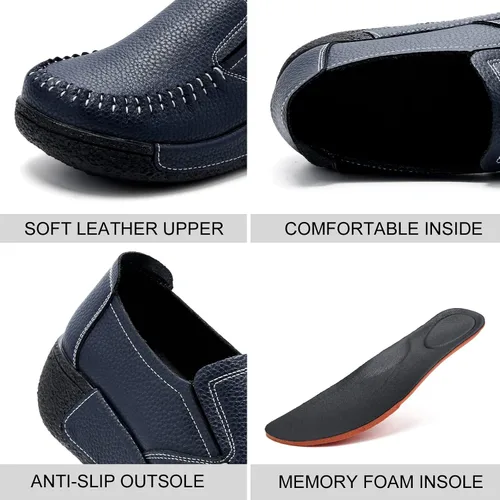 Vista 20 de UZB Mocasines de cuero sin cordones para mujer, cómodos zapatos de plataforma casuales