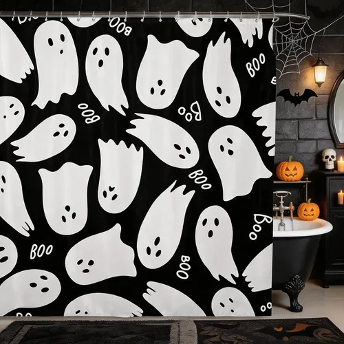 Vista 29 de Happy Halloween Shower Curtain,Bowknot Snowflake Pattern Bathroom Curtains,Sweet Ghost Holiday Theme Waterproof Bath Curtain,Black Bathroom Curtains