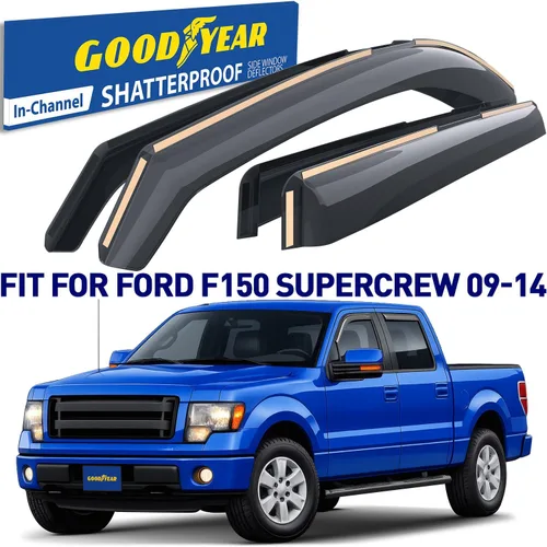 Vista 2 de Goodyear Deflectores de ventana inastillables en el canal para camiones Ford F-150 2009-2014 SuperCrew, protectores de lluvia, viseras de ventana