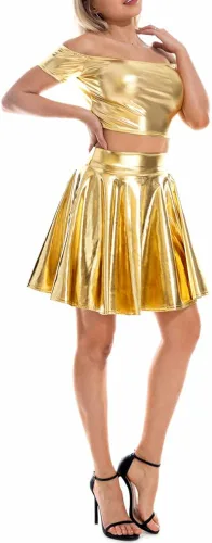 Vista 5 de eccbox Minifalda metálica brillante para mujer, diseño de discoteca de moda, acampanada, plisada y acampanada