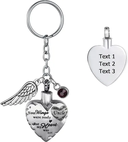 Vista 24 de Joyería de cremación de acero inoxidable con texto en inglés "Your Wings were Ready but My Heart was Not Memorial", llavero de urna para cenizas