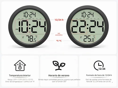 Vista 5 de Reloj de pared digital con fecha, temperatura interior, DST automático, reloj digital a batería, reloj de pared decorativo pequeño de 8 pulgadas